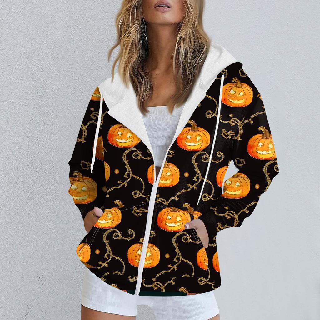 Женская повседневная спортивная одежда с принтом на Хэллоуин, осенне-зимняя куртка с капюшоном и длинными рукавами, с карманом на молнии