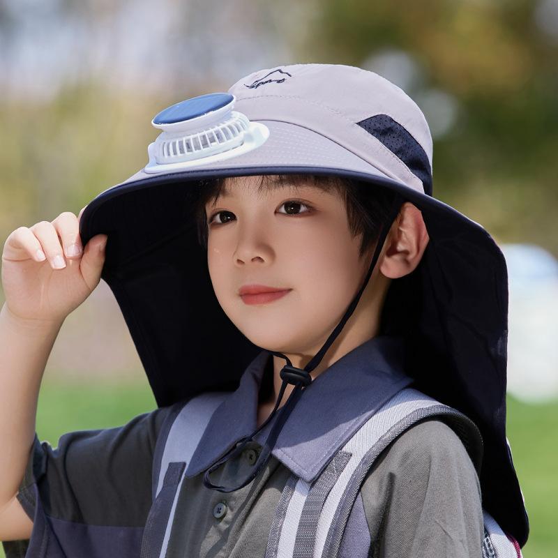 Children's hats summer boys and girls outdoor sun protection hat eaves shawl bucket hat solar fan sun hat