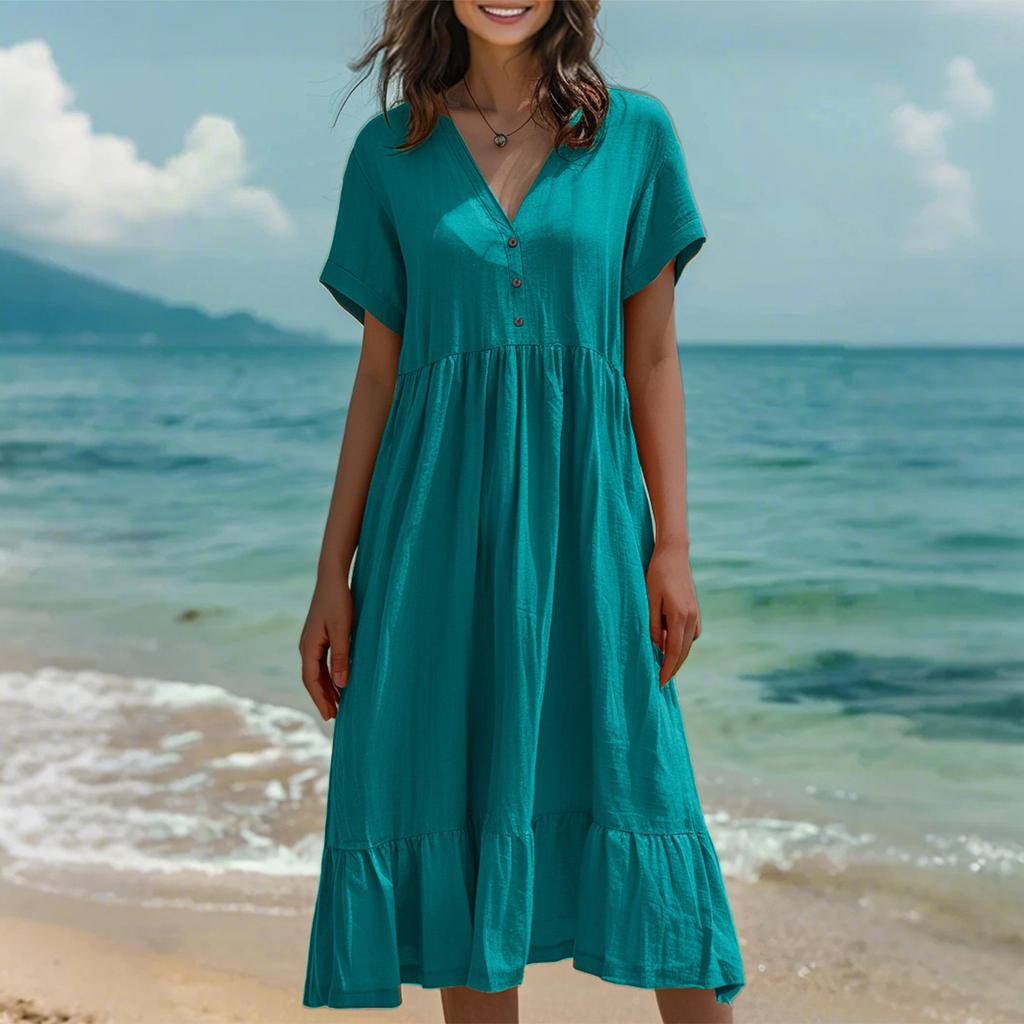 Женское модное однотонное платье с коротким рукавом из хлопка и льна в стиле пэчворк со складками