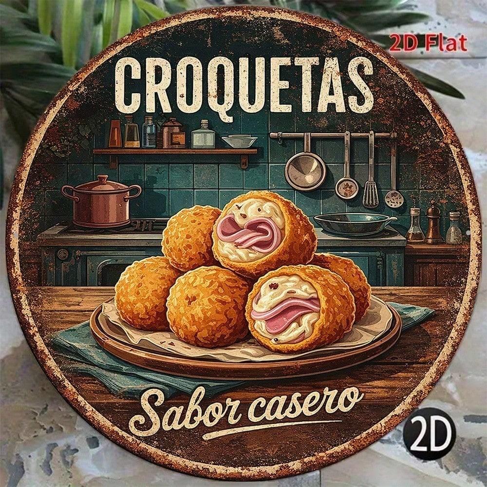 1 шт. Винтажная жестяная табличка Croquetas 8x8 дюймов Круглая металлическая табличка Испанская кухня Настенное искусство Декор для кухни и бара
