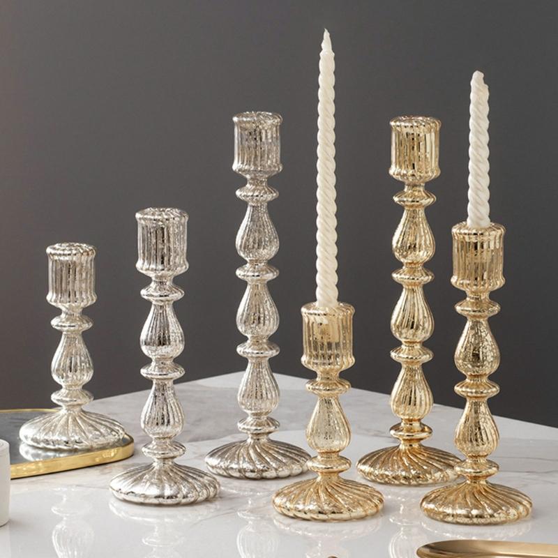 Candle Stick Holders Tapers Candle Holders Ribbed Glass Candlestick Holders with Wide Round Base for Dining Table Shelf Display, Home Accent, and