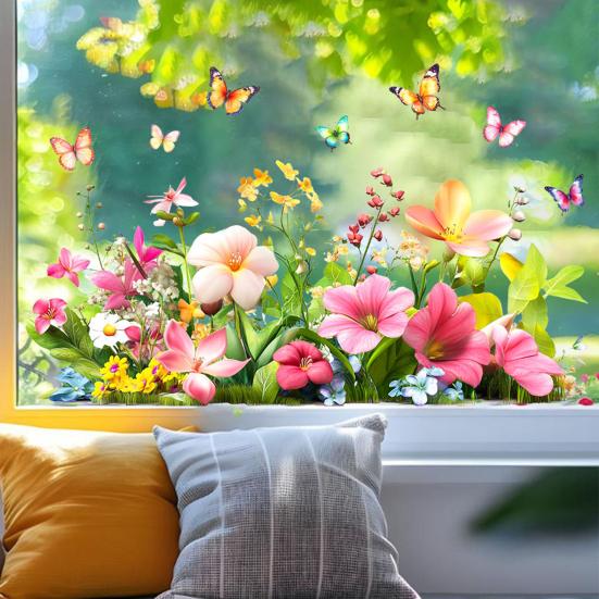 Window Decals Spring Garden Design Double-Sided Visibility Electrostatic Adsorption Glass Sticker Home Shop Window Decoration