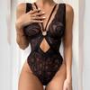Black Lace Trim Crisscross Backless Sheer Bodysuit - European and American Style