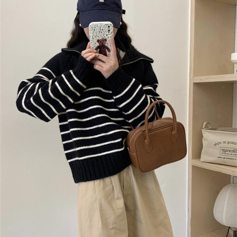 Women's Fashion Casual Fall Winter Stripe Print Long Sleeve POLO Neck Sweaters