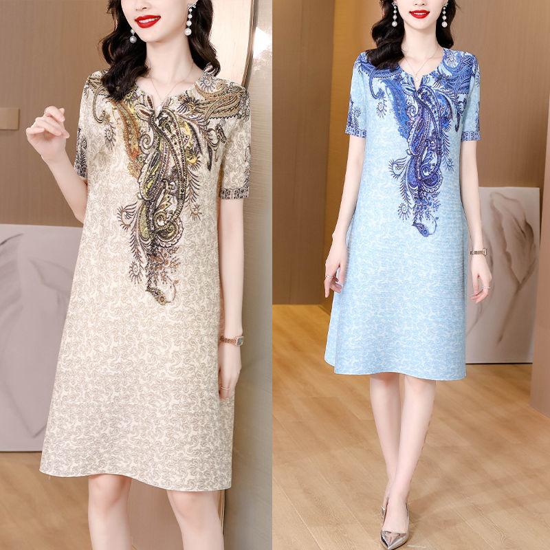 Складное летнее платье женское, новинка 2022 года, высококачественное зарубежное свободное свободное платье с v-образным вырезом и короткими рукавами, повседневное тонкое платье с принтом