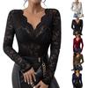 Women's Solid Color Floral Lace Fan-Shaped Decoration Base Small Shirt Top Long Sleeved Top