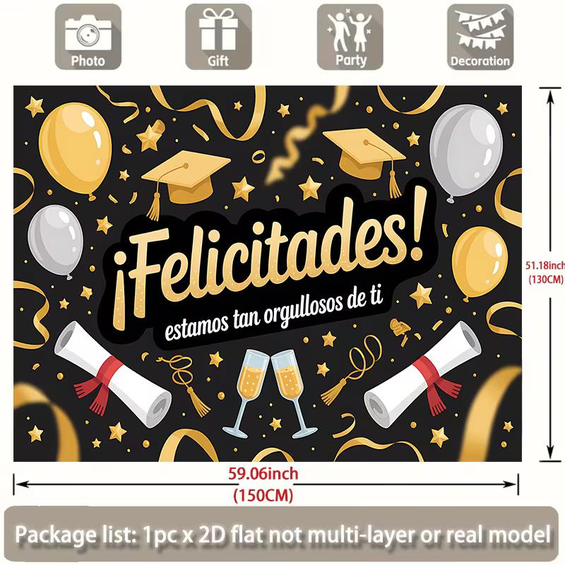 2D Graduation Party Backdrop, "¡Felicidades!" Black & Gold Celebration Background