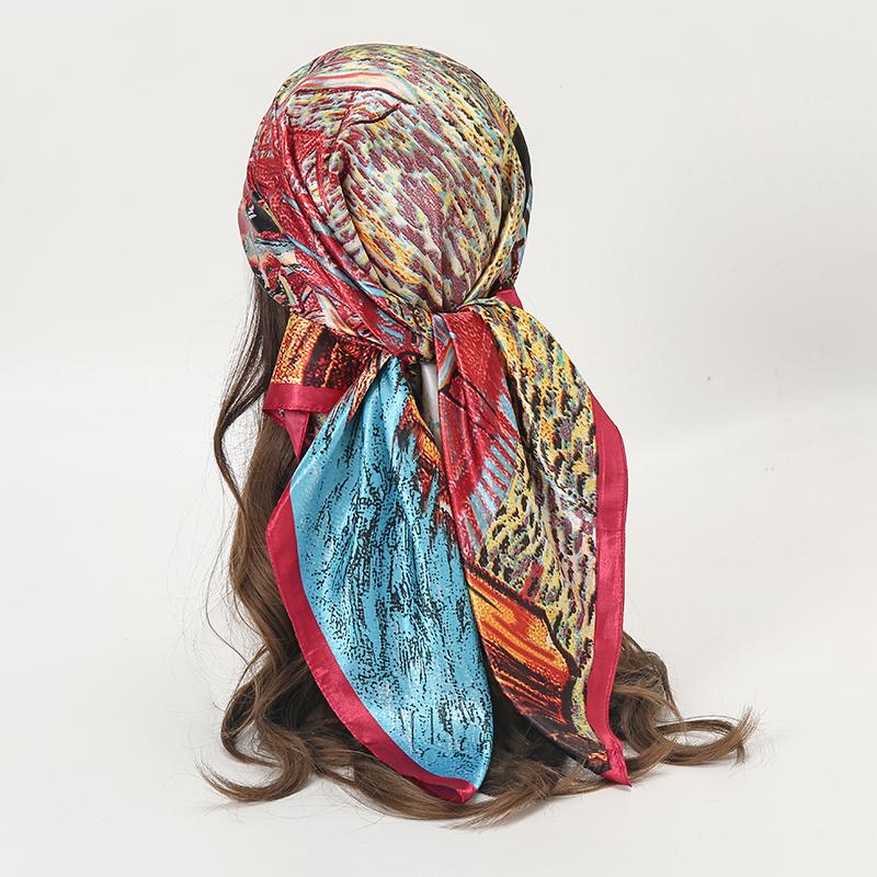 Satin Square Scarf Women Muslim Hijab Elegant Print Silk Neckerchief Shawl Wraps Headband Handle Hair Accessories Bandana