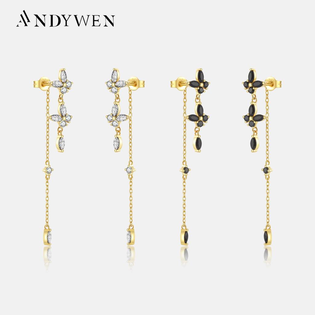 ANDYWEN Серьги-капельки из стерлингового серебра 925 пробы, золото, прозрачная цепочка с бабочкой и цирконием, ювелирные украшения в стиле рок-панк, модные зажимы с кристаллами на свадьбу