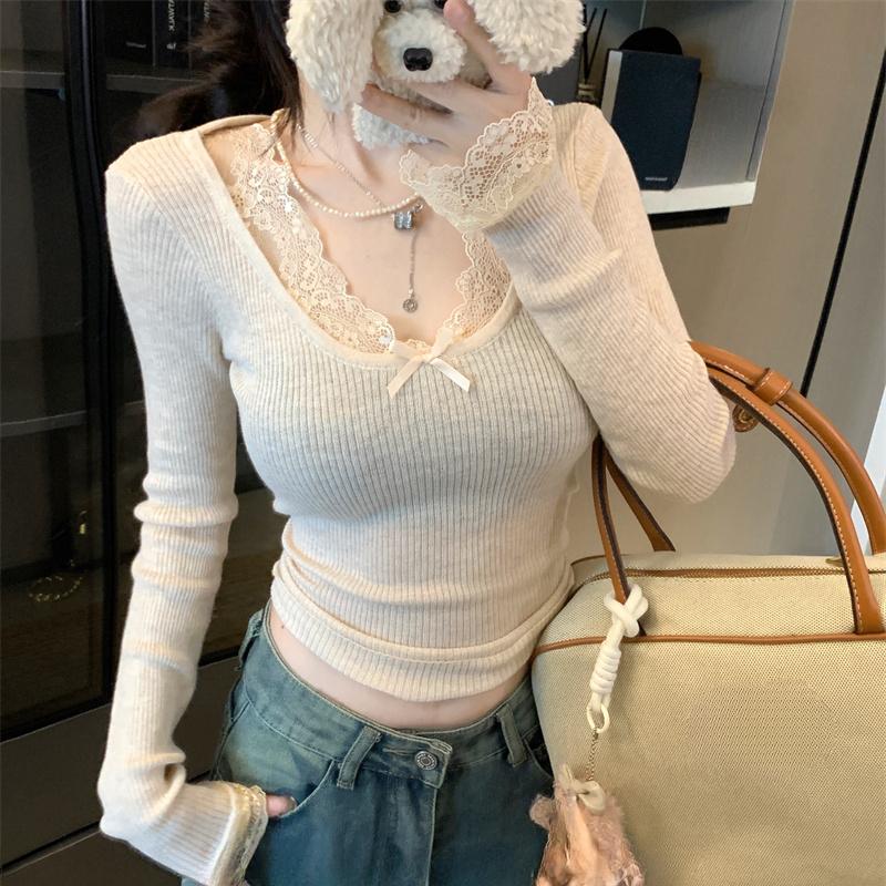 Повседневный вязаный свитер с кружевом и V-образным вырезом для женщин, осень и зима, новые облегающие вязаные свитера, женские топы, элегантные однотонные винтажные женские джемперы 25865