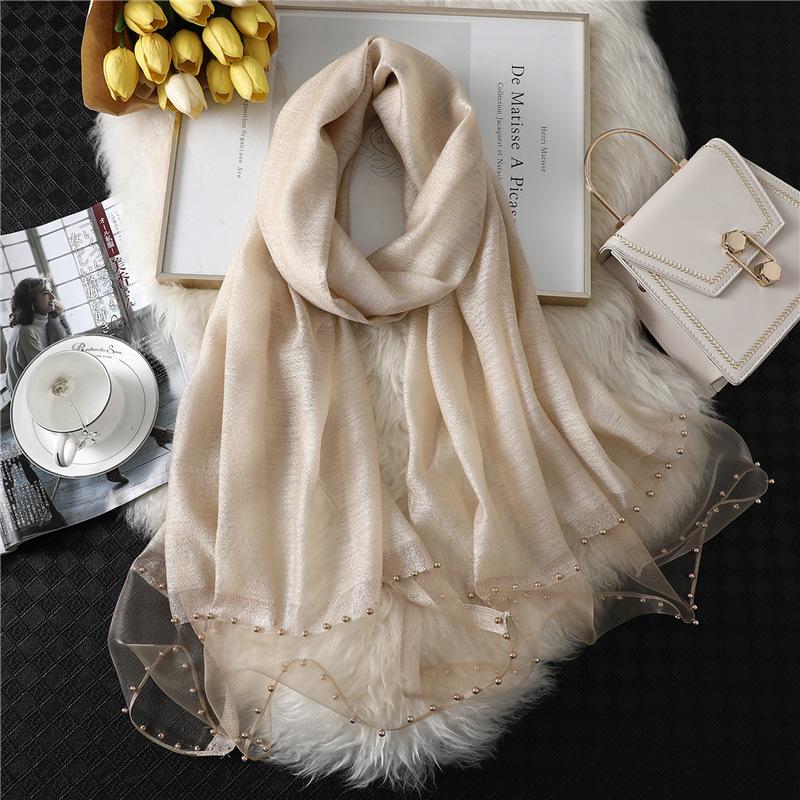 Мода Новый Женский Шарф-Шаль из Смеси Шелка и Хлопка Однотонный Мягкий Дикий с Бисерной Отделкой Тюрбан Подходит Роскошный Женский Дорожный Шарф для Защиты от Солнца