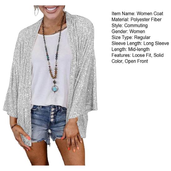 Women Sequin Coat Long Sleeve Open Front Solid Color Jacket Solid Color Spring Autumn Mid-length Cardigan