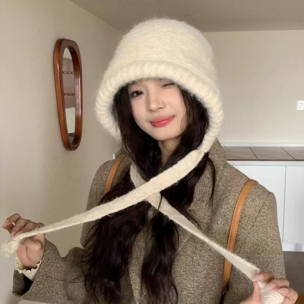Funny Thicken Knitted Hat Dual Use Bag Women Winter Warm Pullover Hat Strap Skullie Cycling Ear Protection Cap Accessories