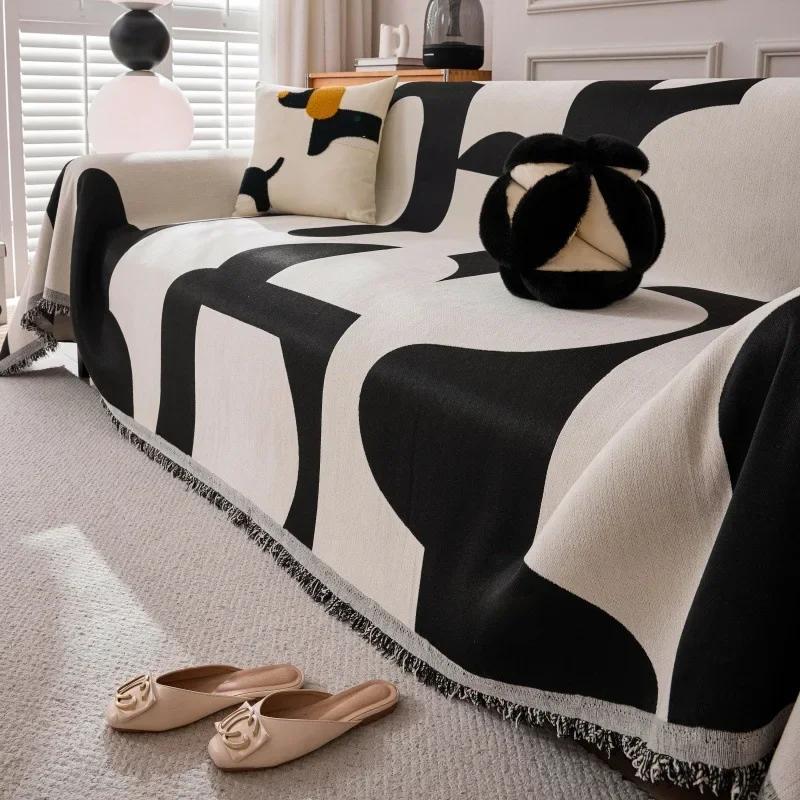 Boho Jacquard Chenille Sofa Towel with Tassels Double-side, for Living Room Camping Picnic Large Blanket Leisure Relax Beach