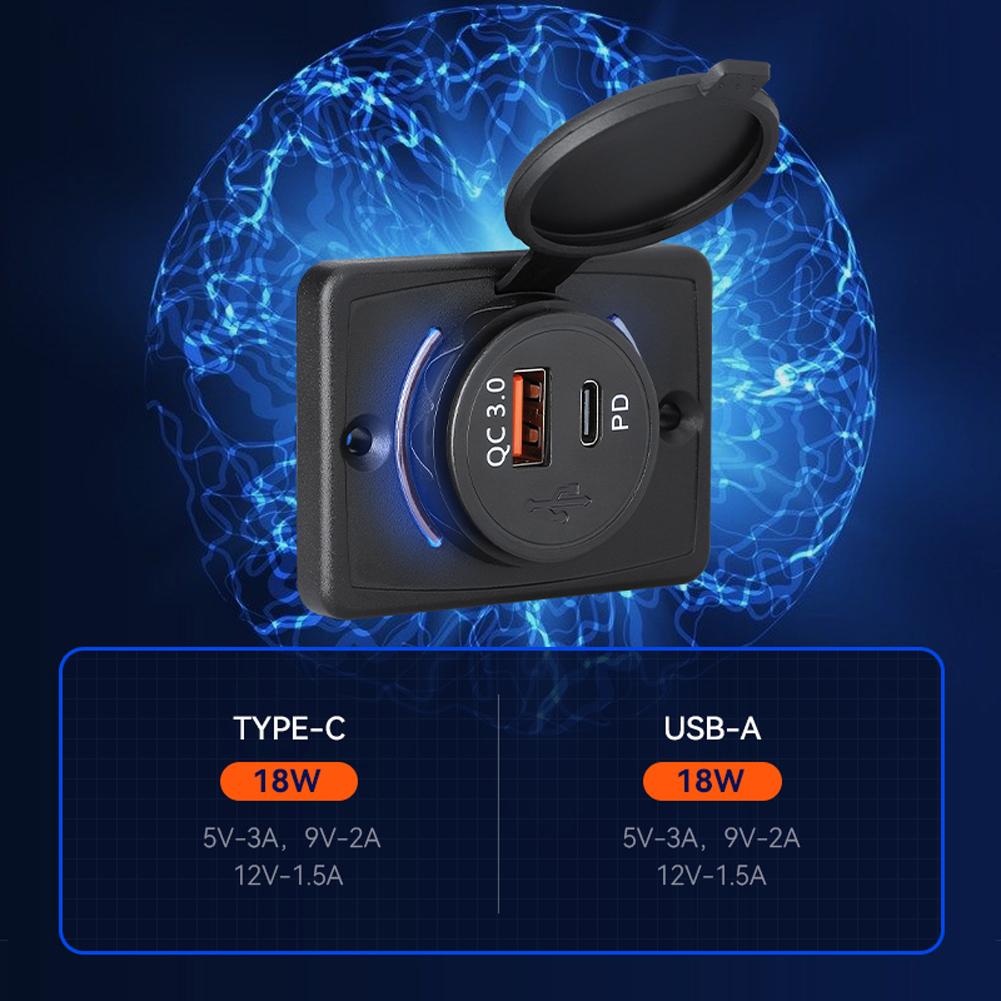 Автомобильное зарядное устройство 12-24 В, 18 Вт PD QC3.0, автомобильные USB-порты для зарядки со светодиодной подсветкой, гнездо для крепления на панель с плоской поверхностью для автомобиля, лодки, морской пехоты