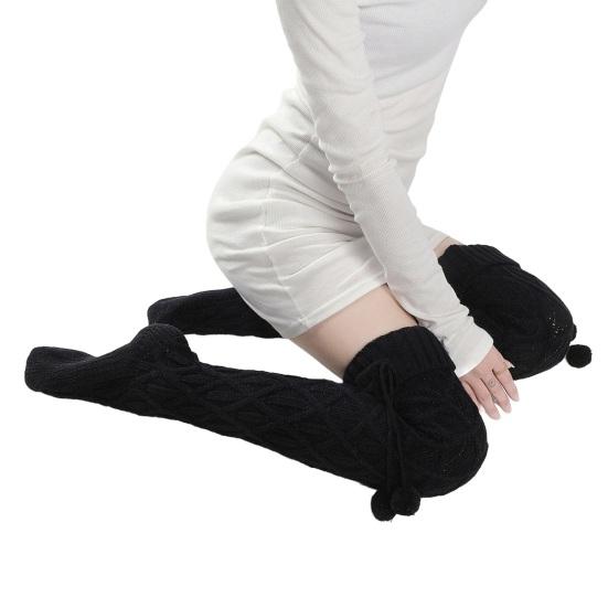 1 пара женских длинных носков однотонных с ромбовидной текстурой осенне-зимние вязаные чулки с шерстяными помпонами для повседневной носки