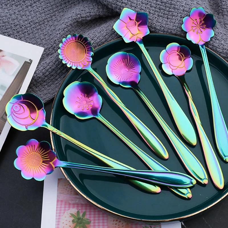 Набор 8 шт. Маленькая ложка для чая с цветком из нержавеющей стали 304 для мороженого, кофе, подарки, десертная посуда, кухонная посуда, аксессуары