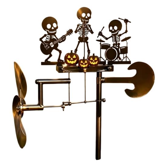 Rotating Metal Stake Halloween Skeleton Rock Trio Wind Spinner, Handmade Kinetic Garden Sculpture Yard Lawn Ornament for Outdoor Decor, Unique Musical