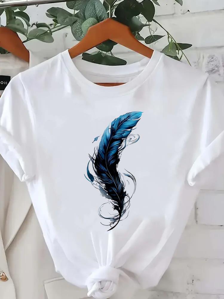 (Asian Size) Feather Style Cute Women Printed Lady Casual Short Sleeve T Tee Top Clothing Shirt Fashion Female Graphic T-shirts