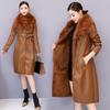 Women's Leather Jacket for Winter Plus Velvet Warm Slim Big Fur Collar Long Leather Coat Female Outerwear
