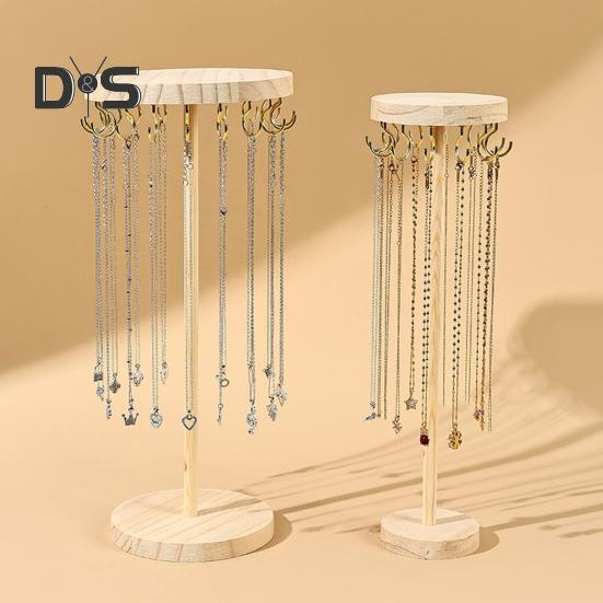 Standing Necklace Holder Jewelry Organizer with Hooks Wooden Base Headband Organizer Display Stand for Girls Necklaces Bracelets