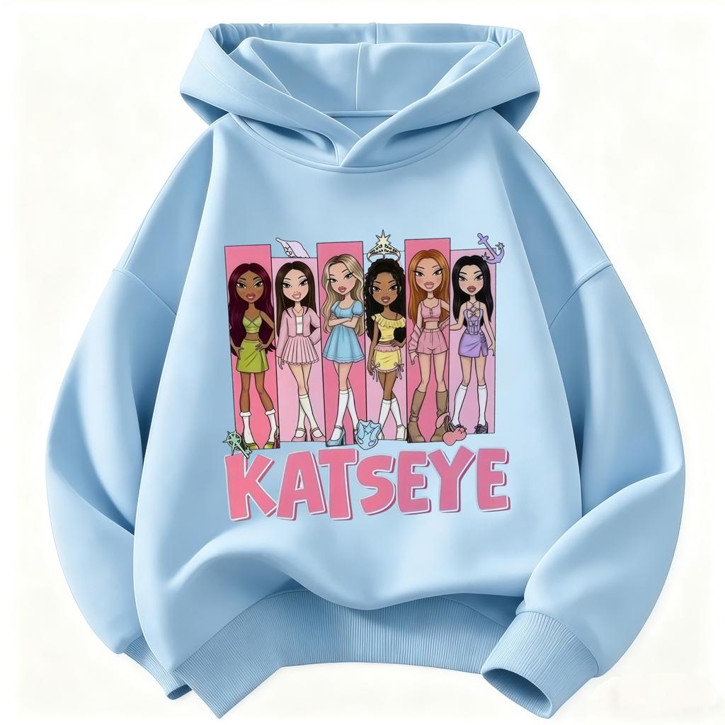 Kids KATSEYE Cartoon Character Hoodie Girls Long Sleeve Hooded Sweatshirt Group Graphic Pullover Children Casual Street Tops