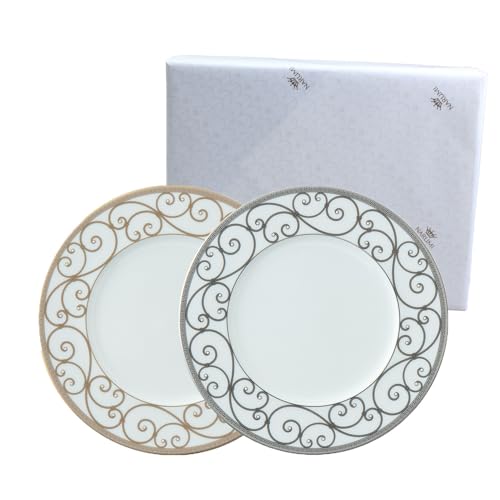 NARUMI Rondo Plate Set, 21cm, Gold and Platinum, Set of 2, Elegant and Stylish, Perfect for a Pair of Wedding Gifts, Gift Boxed and Gift Wrapped, 9735