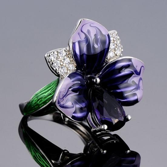 Women Ring 3D Flower Shape Rhinestone Decor Enamel Polished Copper Anniversary Gift Wedding Party Banquet Cocktail Jewelry