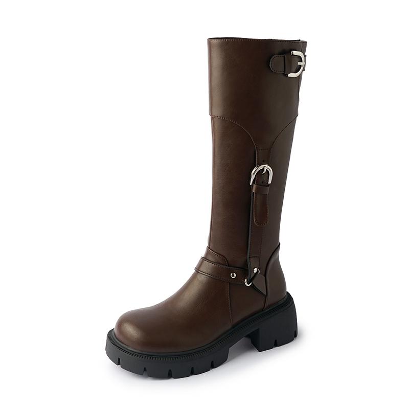 Женские сапоги из натуральной кожи до колена, панк-сапоги с пряжкой на ремне, рыцарские сапоги для верховой езды, женские коричневые туфли на платформе с круглым носком и молнией