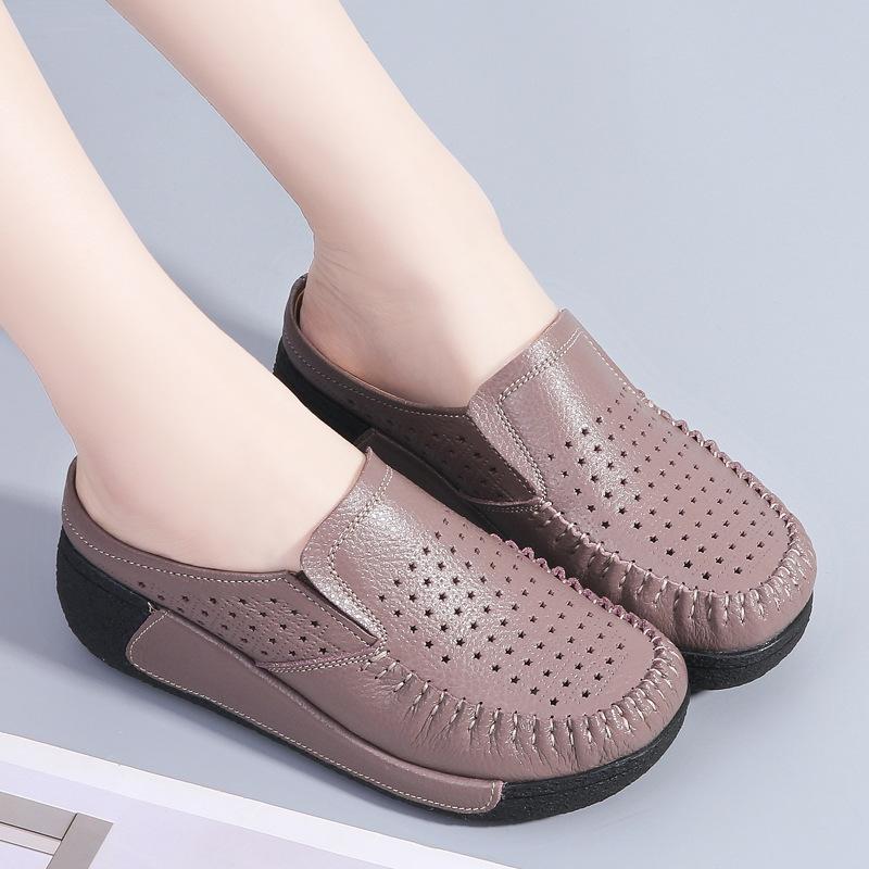 Кожаные толстоподошвенные туфли с вырезами, повседневные тапочки на танкетке, женские сандалии с закрытым носком и открытой пяткой