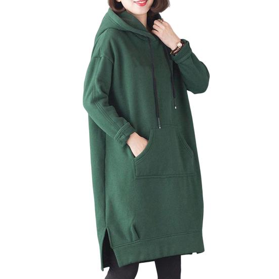 Женская толстовка с капюшоном на осень-зиму с большим карманом, завязками на шнурке, разрезом по низу, однотонная, свободная длина до колена