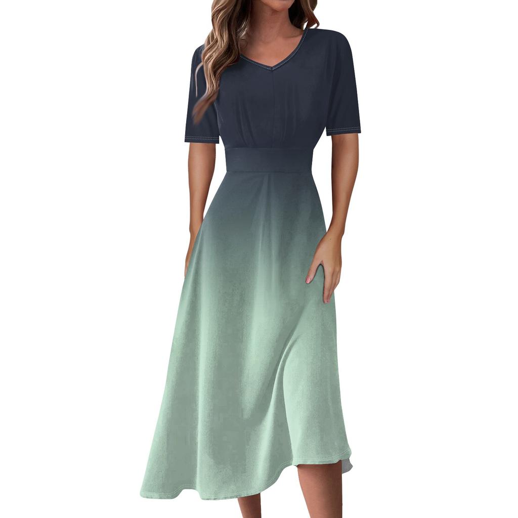 Ladies Casual Fashion Gradient Print V-Neck Short Sleeve Waist Long Swing Dress