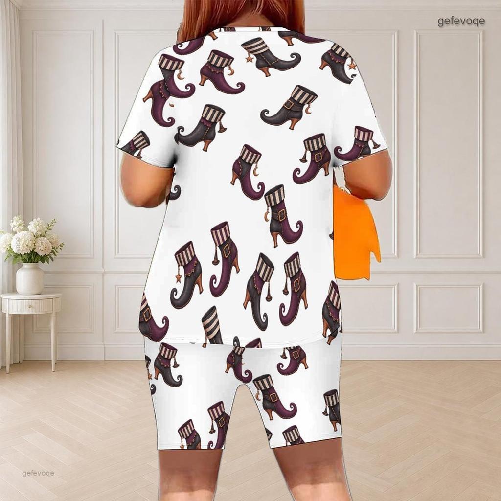 Women Plus Size Round Neck Short Sleeve Fish Skeleton Printed Top And Fitted Shorts Two Piece Set