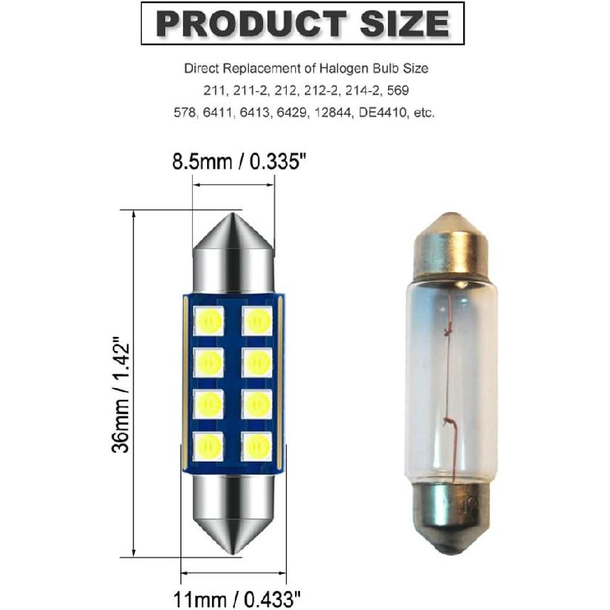 12V 36MM Festoon 6418 DE3423 DE3425 6000K White Extra Bright LED Bulbs For Car Interior Lights License Plate Map Dome Trunk Door Courtesy Light 8-SMD