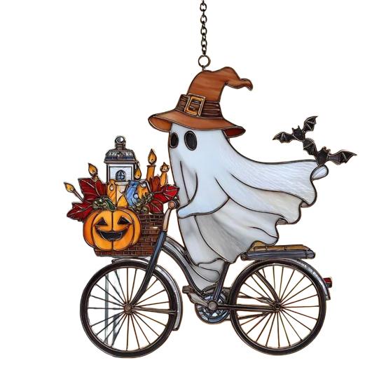 Halloween Pendant Witch Ghost Ride Shape Pendant Image Stained Glass Window Hanging Ornament Festivals Halloween Decoration