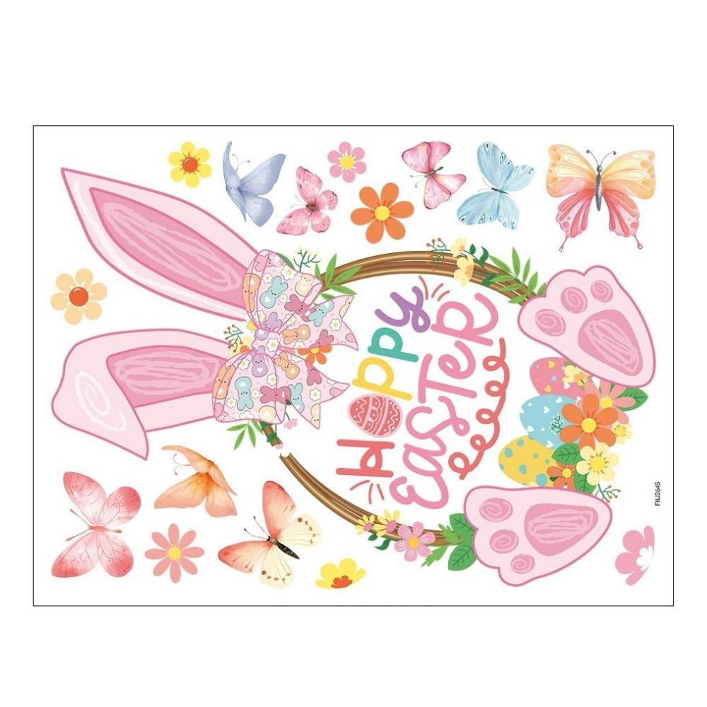 Pink Rabbit Basket Electrostatic Stickers Rabbit Bunny Wall Decal Happy Easter Party