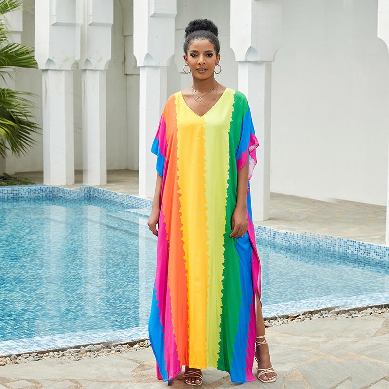 EDOLYNSA Plus Size Bathing Cover Up Boho Colorful Printed Kaftan Dress Bat Sleeve Long Tops Wedding Guest Dress Q1546