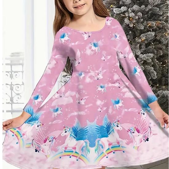 Повседневное платье для девочек с принтом рождественской елки, снежинки, единорога, круглым вырезом и длинными рукавами, детское платье принцессы