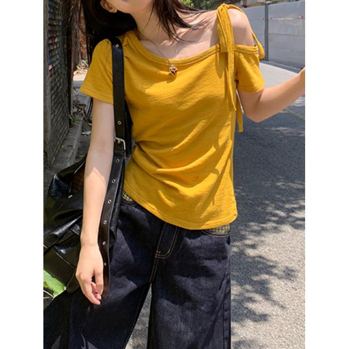 Korean yellow slanted shoulder short-sleeved T-shirt women's summer new thin versatile off-shoulder strap design Spice Girl top