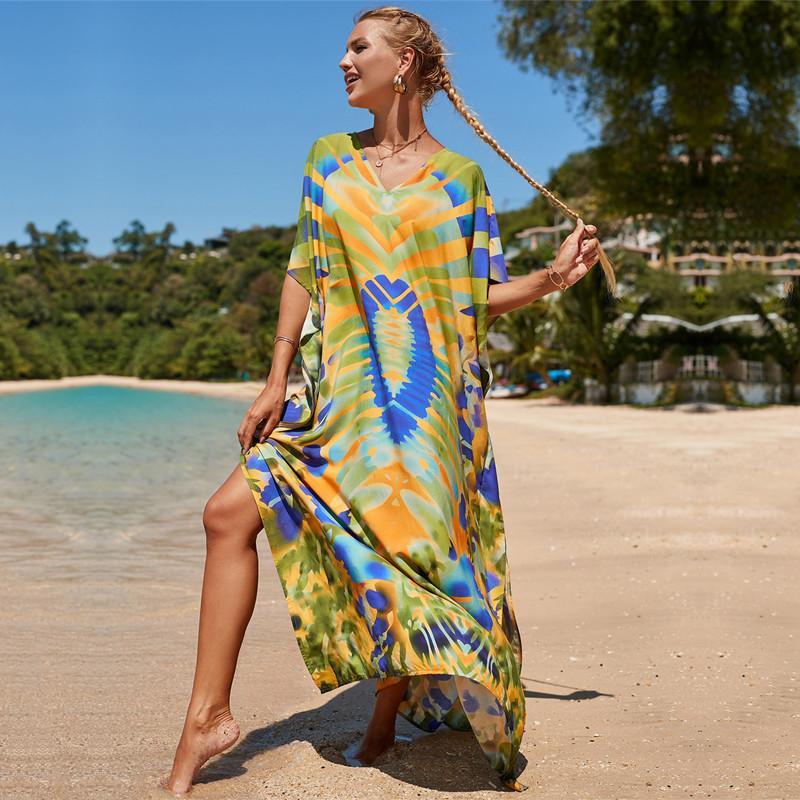 2022 Разноцветный кафтан с богемным принтом и v-образным вырезом, рукавами «летучая мышь», уличная одежда, платье макси, женская пляжная одежда, купальный костюм, накидка Q1342