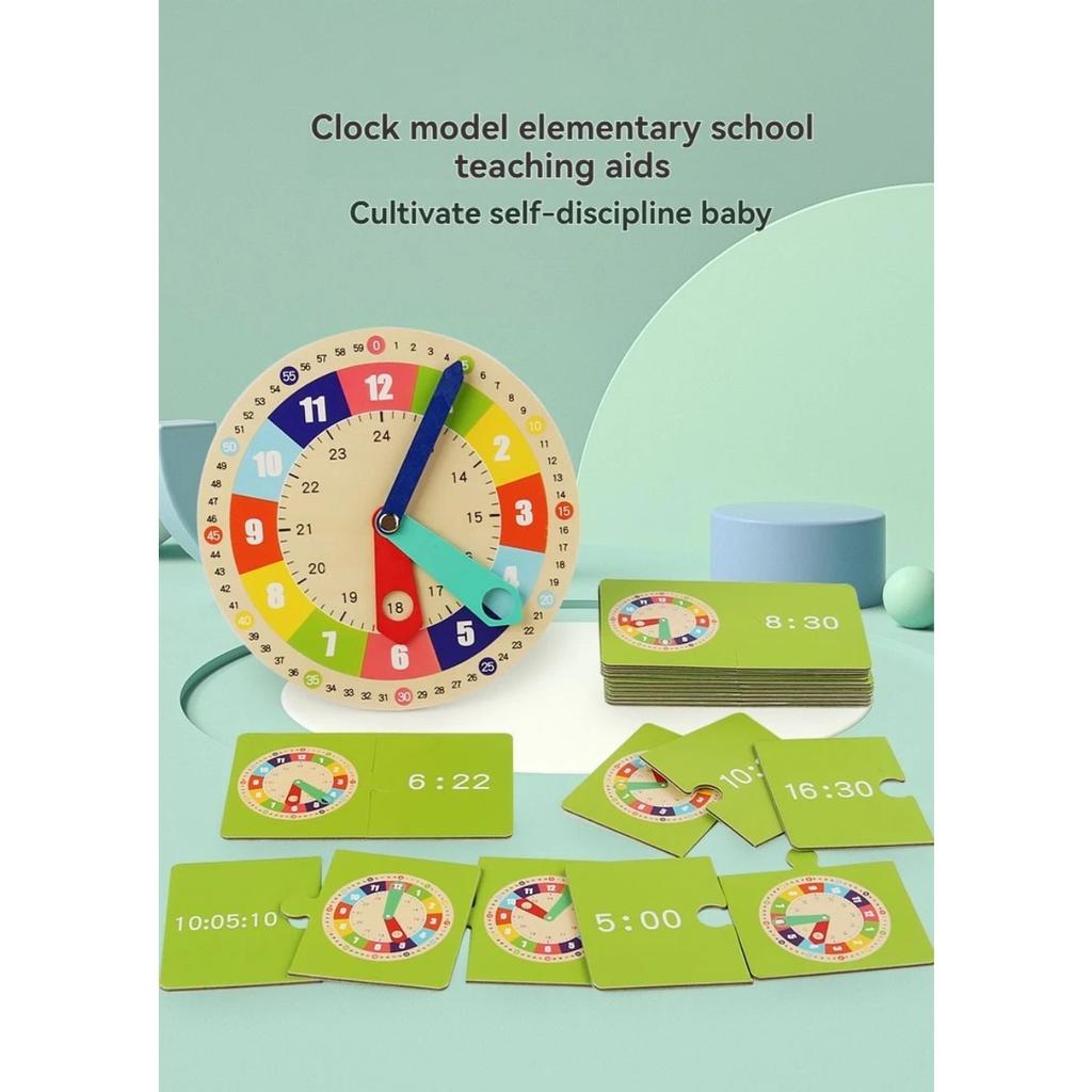 Wooden Clock Model Teaching Aid Learning Clocks with Cards Kindergartner Toy for Game Interaction Time Cogn