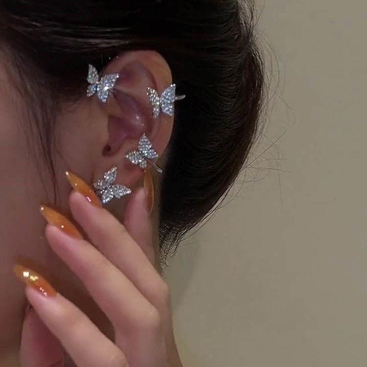 Корейские серьги-клипсы с кристаллами-бабочками, элегантные золотые, серебряные зажимы для ушей для женщин, аксессуары, ювелирные изделия