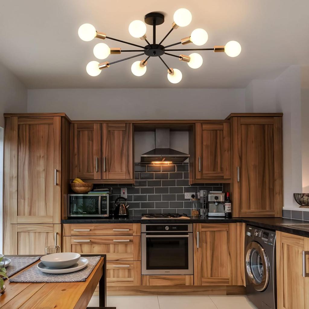 Современный потолочный светильник заподлицо Металлическое искусство Индустриальный потолочный 10 ламп Черный Спутник Окрашенная отделка Люстра для кухни Фермерский дом Гостиная