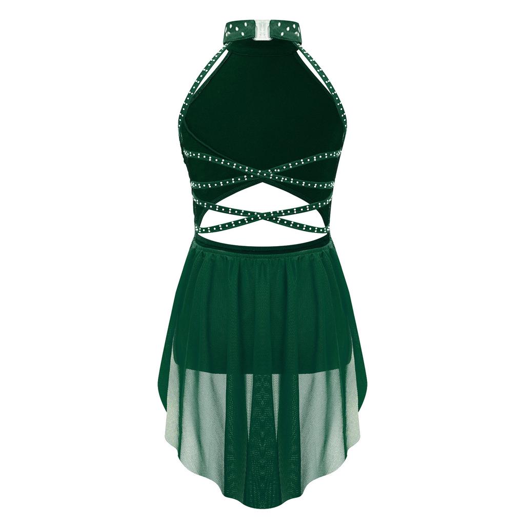 Детский лирический танцевальный костюм для девочек со стразами и бахромой