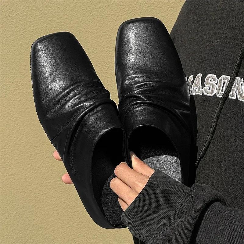 Men Genuine Leather Slippers New British Style Casual Leather Outdoor Walking Slippers Flat Designer Antiskid Soft Bottom Shoes