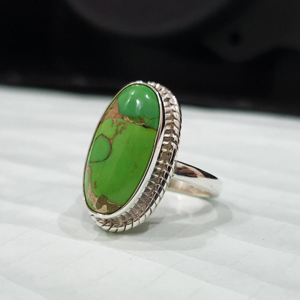 Oval Cab Green Copper Turquoise 925 Sterling Silver Ring, Handmade Artisan Gift Turquoise Ring