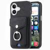 For iPhone 16 Case Ring Kickstand Leather Coated TPU Back Cover with Card Holder - Black