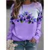 Women's Sports Shirt with Purple Flower Pattern Print, Women's Casual Long Sleeved Round Neck Pullover, Women's Clothing