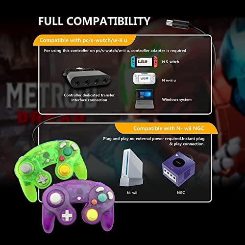 FIOTOK Геймпад для GameCube Классический проводной контроллер для Wii Nintendo Gamecube (Прозрачный фиолетовый и прозрачный зеленый - 2 шт.)