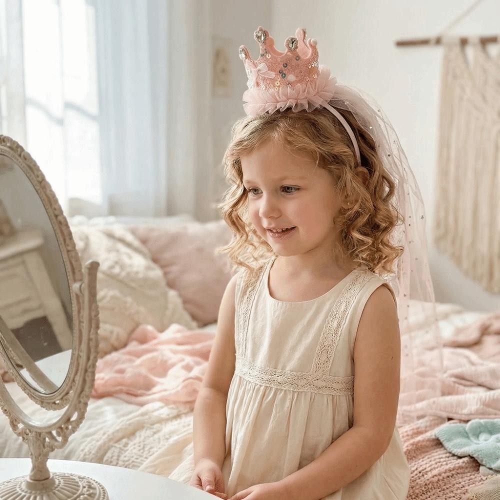Sweet Sparkly Tulle Headbands Pink White Hair Accessories Princess Crown Veil  Party Decoration